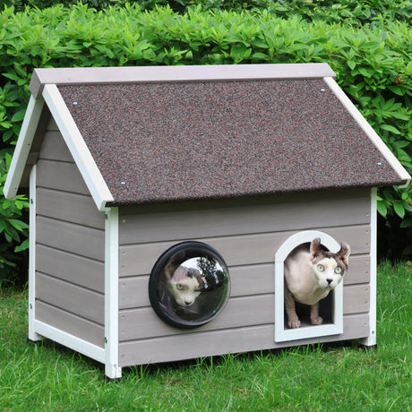 HiCaptain Outdoor Cat House for Feral Cats, Weatherproof Wooden Cat House Ideal Outdoor Shelter for Cats with Escape Door, Clear Window and Attic, Large Interior Space (Grey) HiCaptain