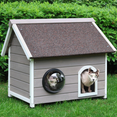 HiCaptain Outdoor Cat House for Feral Cats, Weatherproof Wooden Cat House Ideal Outdoor Shelter for Cats with Escape Door, Clear Window and Attic, Large Interior Space (Grey)