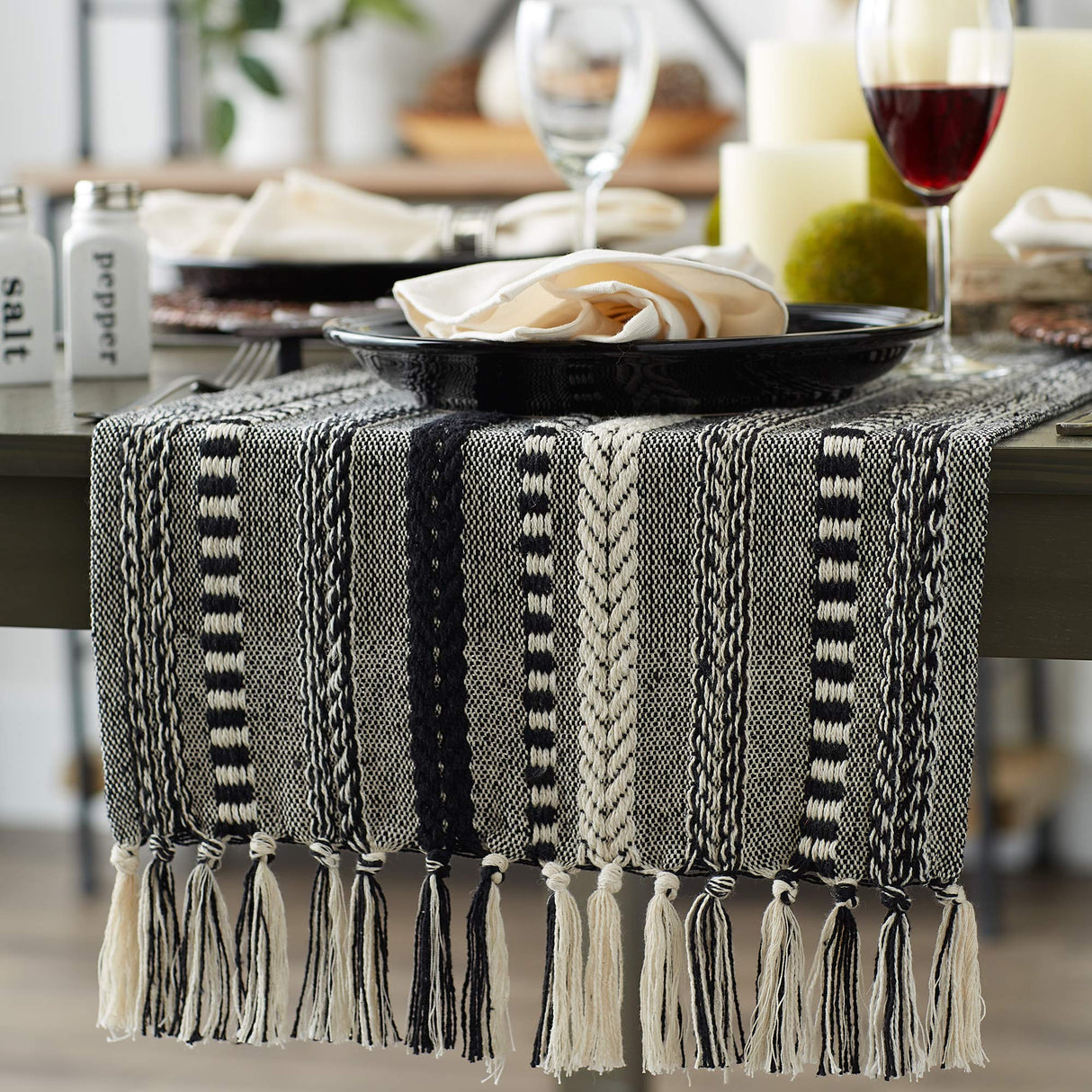 DII Farmhouse Braided Stripe Table Runner Collection, 15x72 (15x77, Fringe Included), Black DII