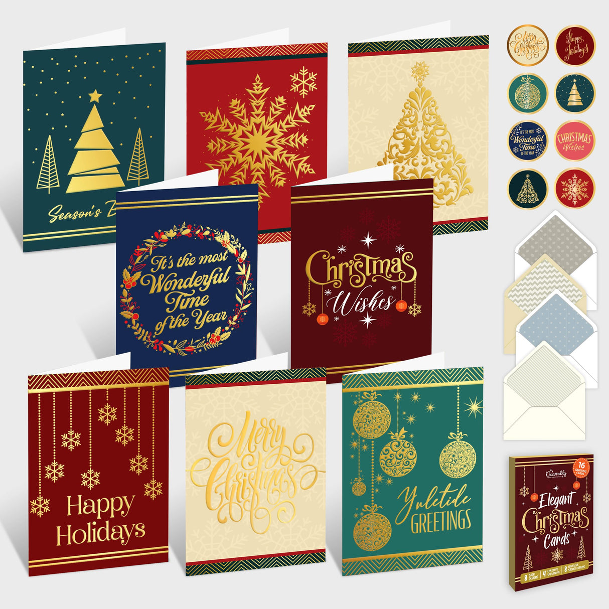 Decorably 16 Pack Gold Foil Embossed 5x7in Merry Christmas Cards with Envelopes and Stickers, 8 Elegant Designs Assorted Christmas Cards Boxed with Envelopes, with Printed Message Inside Decorably