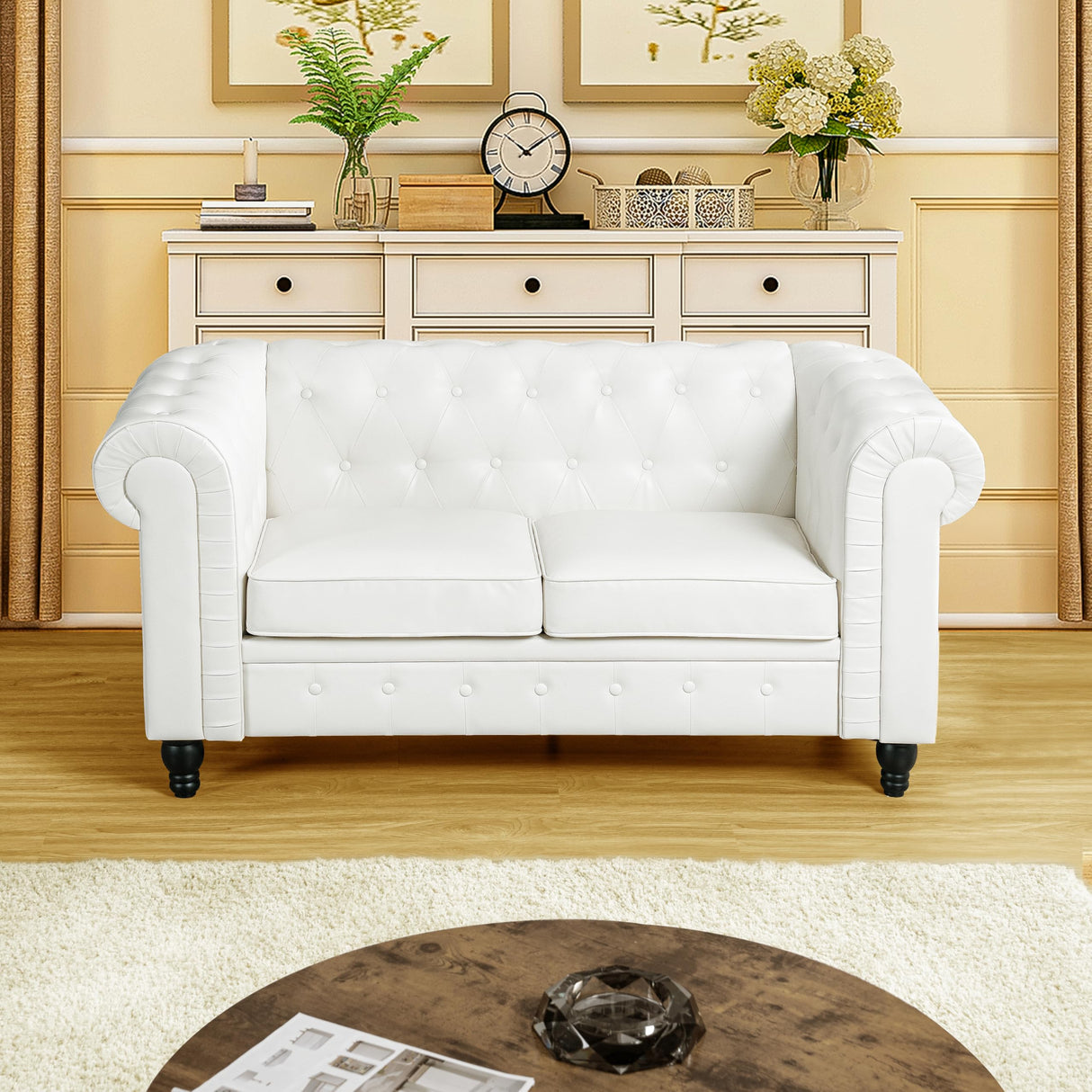Naomi Home Emery Chesterfield Leather Loveseat, Mini Sofa Sleeper Loveseat, Small Sofa Bed with Rolled Arms, Tufted Cushions 2 Seater Sectional Small Loveseat for Small Spaces, Living Room Off White Naomi Home