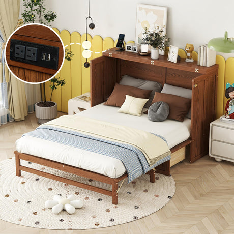 KEIKI Full Murphy Bed Cabinet with Storage Drawer and Charging Station, USB Port, Solid Pine Murphy Bedframe for Home Office, Studio or Guest Room,Walnut KEIKI