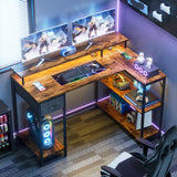 Homall L Shaped Gaming Desk with LED Lights&Power Outlets, 47'' Reversible Computer Corner Table with Shelves&Monitor Stand, Home Office(Rustic Brown) Homall