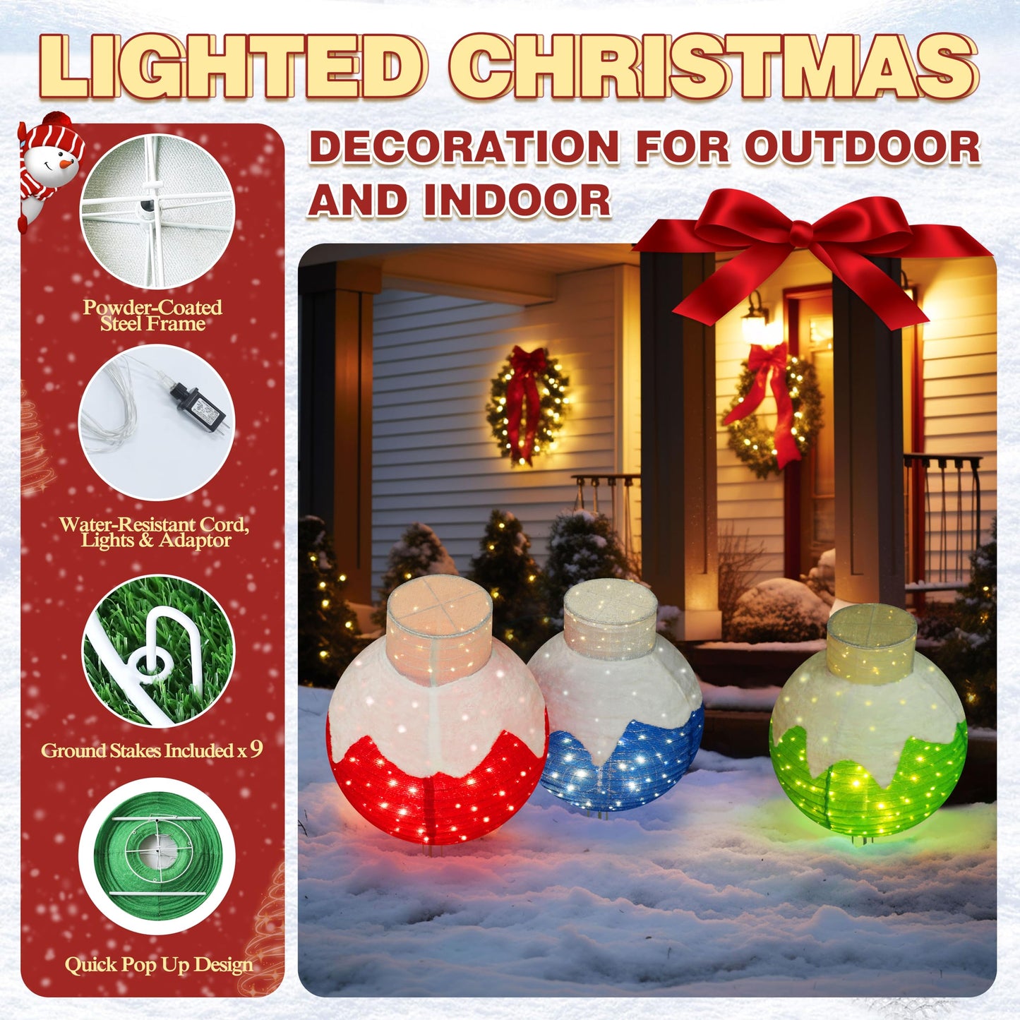 Yardenaler 3-Piece Pop-Up Christmas Ball Set with 90 LED Lights for Christmas Decoration, Pre-Lit Iridescent Christmas Ball Ornaments Decor with Base, 3D Glittered Standing Holiday Display for Outdoor