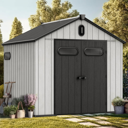 YITAHOME 8x8ft Outdoor Plastic Storage Shed with Floor, 427 cuft Waterproof Garden Shed with Lockable Door, Windows & Vents, Plastic Tool Storage for Patio Furniture, Lawn Mower, Bike Storage, Gray