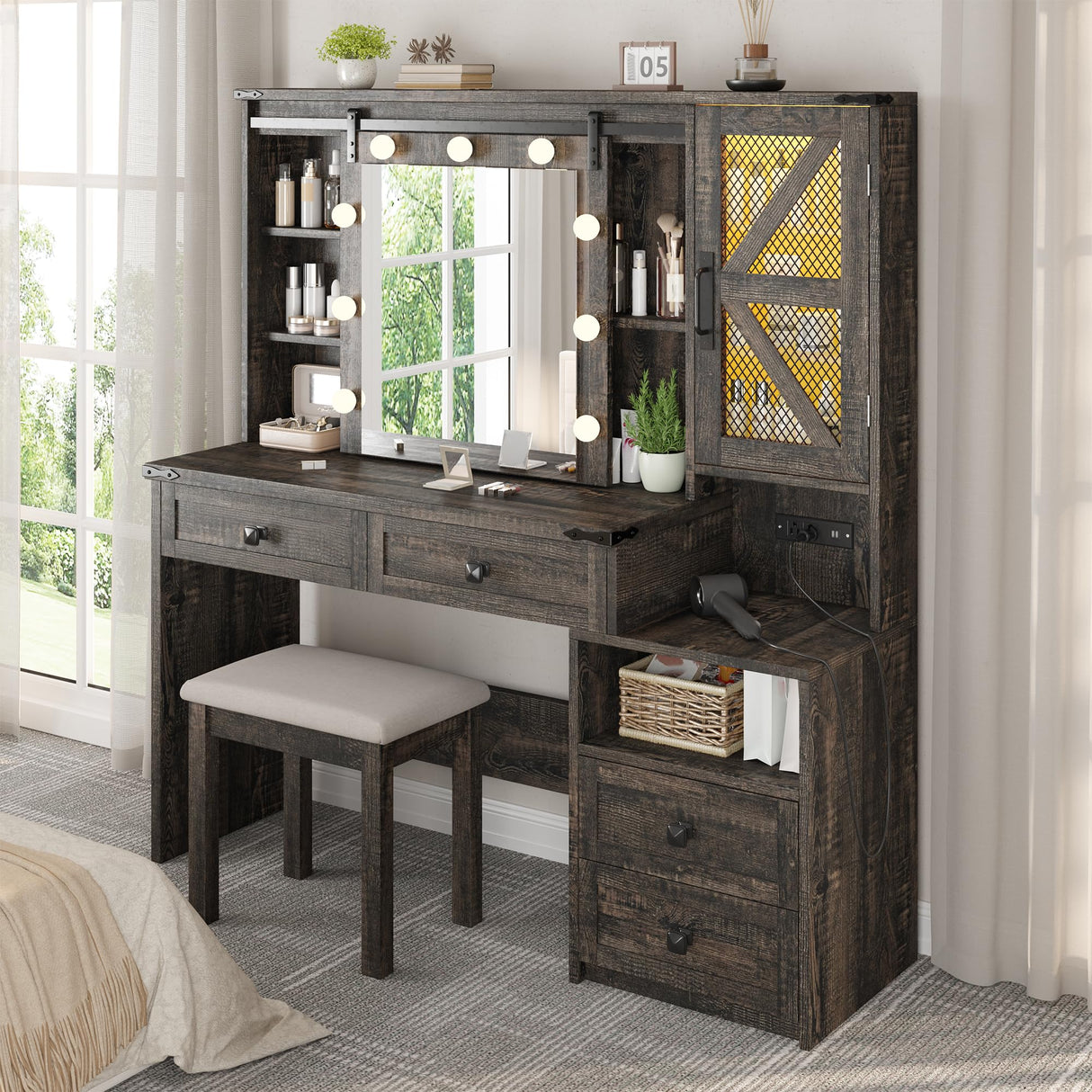 EnHomee 47.2"W Farmhouse Vanity Makeup Vanity Desk with Mirror and Lights,Vanity Table with 4 Drawers & Shelves Big Makeup Desk with Charging Station for Bedroom, Dark Rustic Oak (Stool not Included) EnHomee