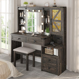 EnHomee 47.2"W Farmhouse Vanity Makeup Vanity Desk with Mirror and Lights,Vanity Table with 4 Drawers & Shelves Big Makeup Desk with Charging Station for Bedroom, Dark Rustic Oak (Stool not Included) EnHomee