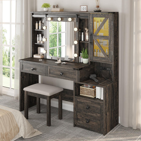 EnHomee 47.2"W Farmhouse Vanity Makeup Vanity Desk with Mirror and Lights,Vanity Table with 4 Drawers & Shelves Big Makeup Desk with Charging Station for Bedroom, Dark Rustic Oak (Stool not Included) EnHomee