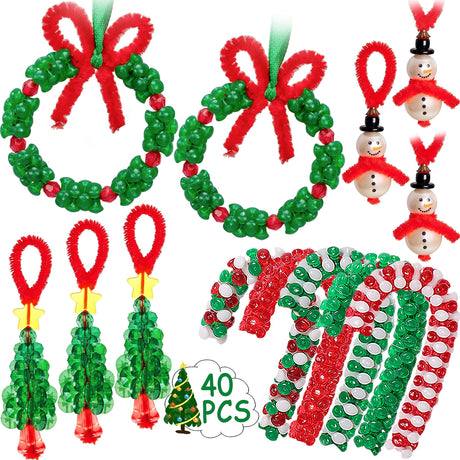 Christmas Crafts for Kids Adults Families, Beaded Ornament Kit to Make Wreath/Candy Cane/Xmas Tree/Snowman, Holiday Decorations Party Supplies, 40 Pieces jollylife