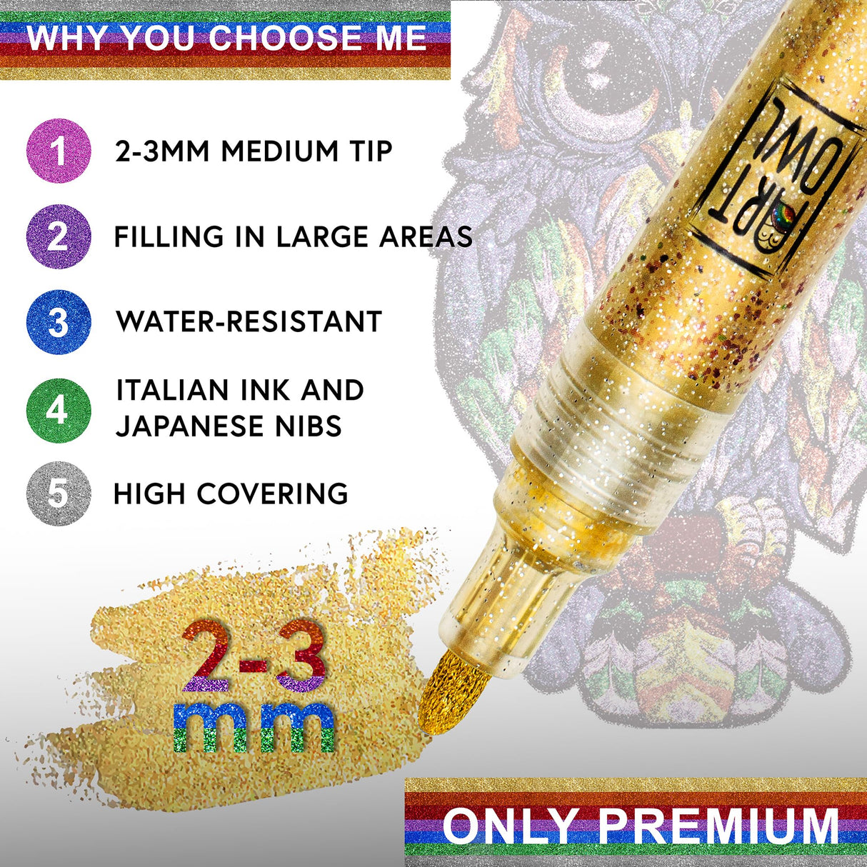 Art Owl Acrylic Glitter Paint Marker Pens, Medium Pens for Rock Painting, Stone, Ceramic, Glass, Wood, Fabric, Card Making, Canvas, DIY Crafts - Set of 12 Sparkle Paint Markers Art Owl