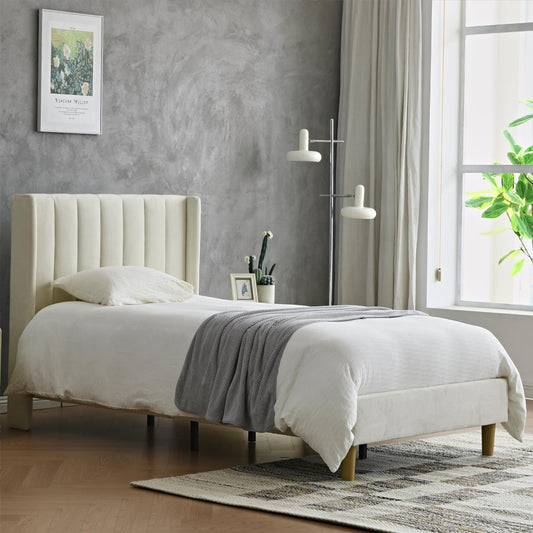 YUHUASHI upholstered Platform Bed Frame/Twin Bed Frame/Modern Geometric Double-Wing Design headboard/Velvet Fabric/Easy to Assemble no Noise (Cream, Twin)