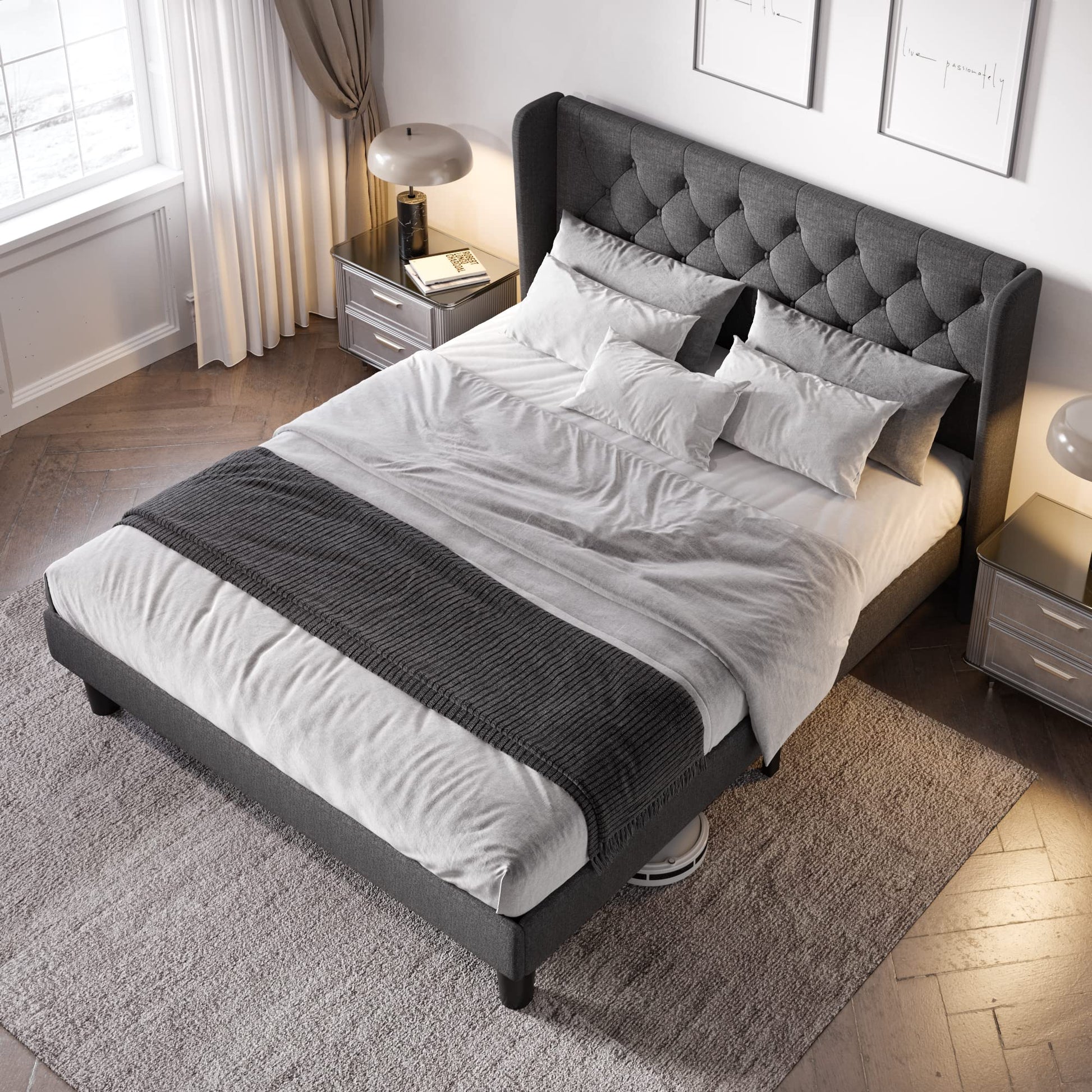 Allewie Modern Fabric Upholstered Full Size Bed Frame with Button Tufted Wingback Headboard in Dark Grey - WoodArtSupply