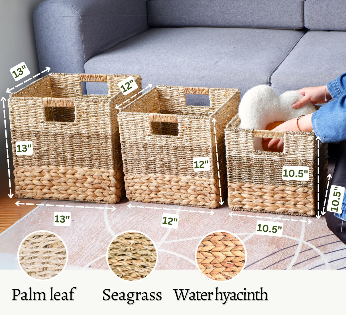 CHI AN HOME 13x13 Storage Cube Bins, Wicker Storage Basket for Cube Shelf, Natural Foldable Cube Storage Bin, Cube Storage Baskets, Large Woven Baskets, Square Wicker Baskets for Organizing Set of 4 Chi An Home