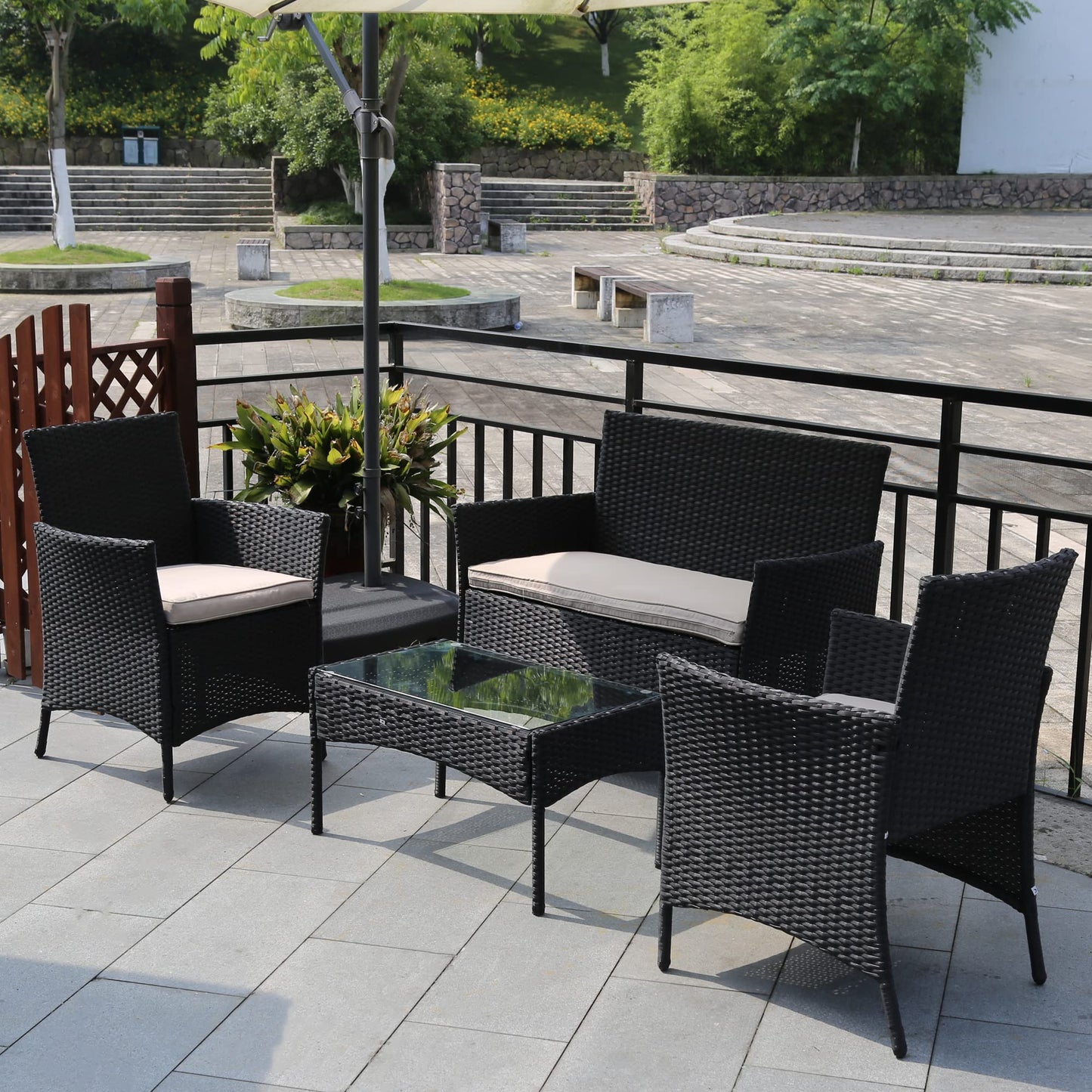 4 Pieces Patio Furniture Set Rattan Outside Furniture Wicker Sofa Garden Conversation Sets with Soft Cushion and Glass Table for Yard Pool or Backyard,Black - WoodArtSupply