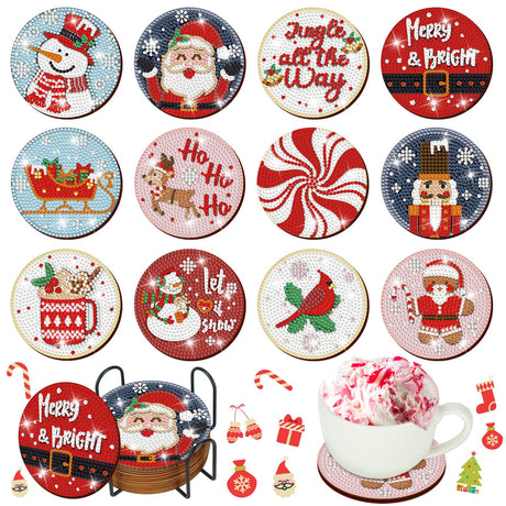 Suttmin 12 Pcs Christmas Diamond Painting Coasters Kits with Holder Diamond Art Christmas Coaster for Adults DIY Art and Craft Supplies(Santa Claus) Suttmin