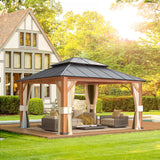 YOLENY 12'x14' Ultra-Thick Columns and Beams Hardtop Gazebo, Metal Gazebo with Faux Wood Grain Aluminum Frame, Dual Material Double Roof, Outdoor Patio Gazebo Pergolas with Netting and Curtains YOLENY