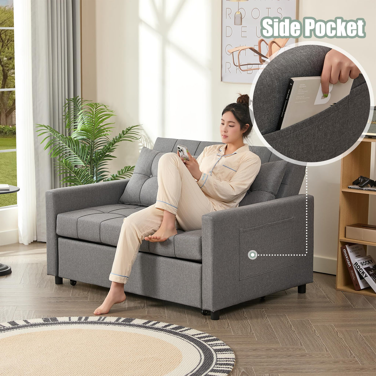 52" Sleeper Sofa with Pull-Out Bed, 3-in-1 Convertible Sofa Bed, Loveseat with Stepless Adjustable Backrest and Side Pocket, for Living Room Dorm Apartment, Linen, Light Gray GOSUHI