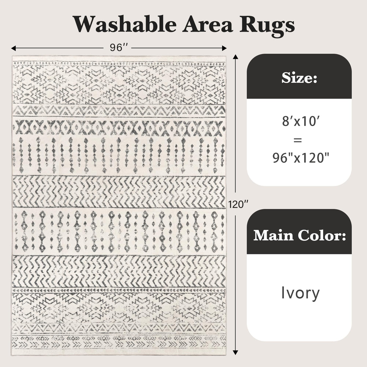 Art&Tuft 8x10 Area Rug, Super Soft Ultra-Thin Moroccan Washable Rugs 8x10, Anti-Slip Backing Rugs for Living Room, Foldable Geometric Machine Washable Area Rug(8'x10', Ivory) Art&Tuft