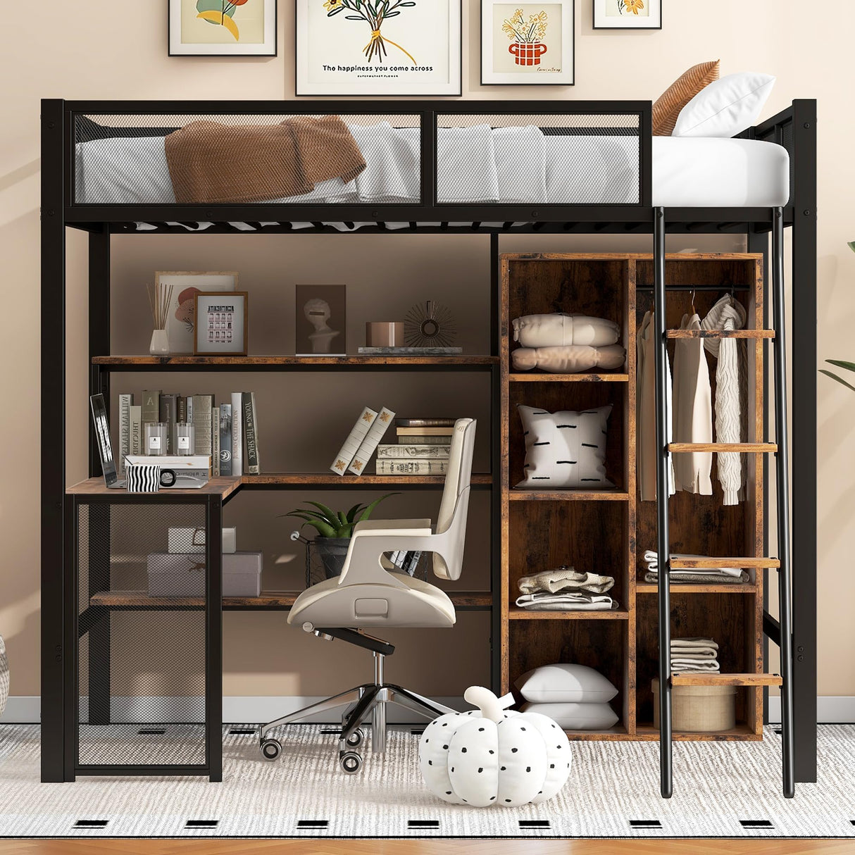 MaiDeHaoo Full Loft Bed with Desk and Storage Loft Bed Full with L Shaped Desk and Cabinet - Black MaiDeHaoo