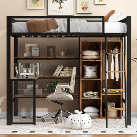 MaiDeHaoo Full Loft Bed with Desk and Storage Loft Bed Full with L Shaped Desk and Cabinet - Black MaiDeHaoo