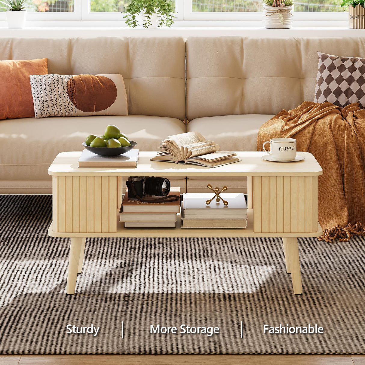 LAZZO Coffee Table with Storage Center Table for Living Room Rectangle Coffee Table with Rounded Edges,Easy Assembly, Natural Wood LAZZO