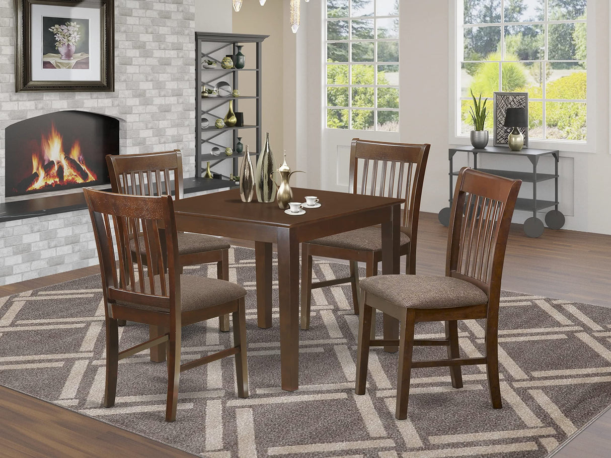East West Furniture Oxford 5 Piece Dining Set Includes a Square Solid Wood Table and 4 Linen Fabric Kitchen Room Chairs, 36x36 Inch, Mahogany East West Furniture