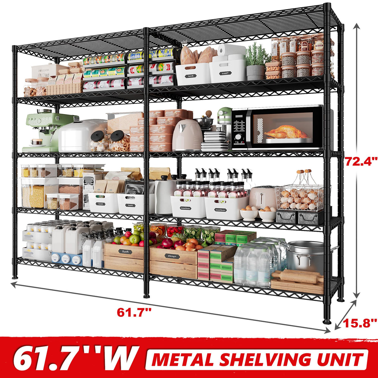 REIBII 5-Tier Heavy Duty Metal Wire Shelves, Industrial Style, 61.7"W x 72.4"H x 15.8"D, 1500 LBS Capacity, Adjustable, Rust Resistant, 2 Pack REIBII