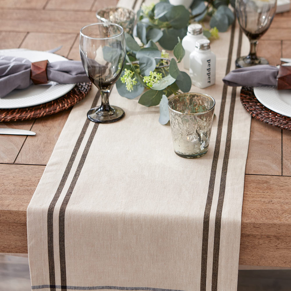 DII French Stripe Dining Table Collection Farmhouse Style Table Runner, 14x108 Inches, Taupe/Black DII