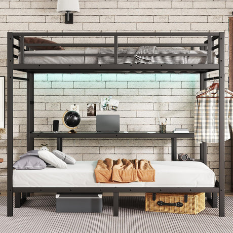 KEIKI Metal Queen Over Twin XL Bunk Bed with Desk & Shelves & USB & LED, Multiple Uses Folds into Sofa - Black KEIKI