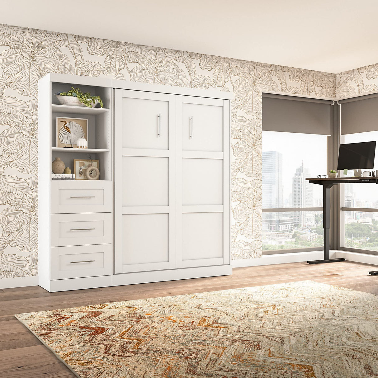 Bestar Pur Full Murphy Bed and Storage Unit with Drawers, 84-inch Space-Saving Wall Bed with Storage in White Bestar