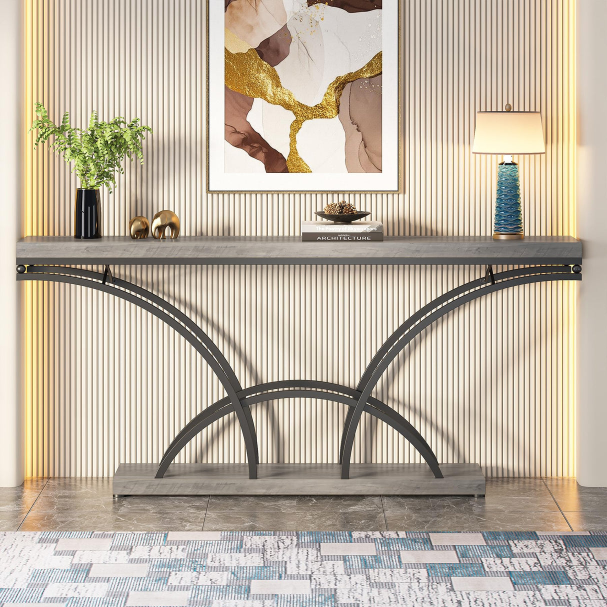 Tribesigns 70.9 Inch Extra Long Console Table for Entryway, Gray Sofa Table with Wood Tabletop, Modern Accent Tables with Half-Moon Shape Legs Tribesigns