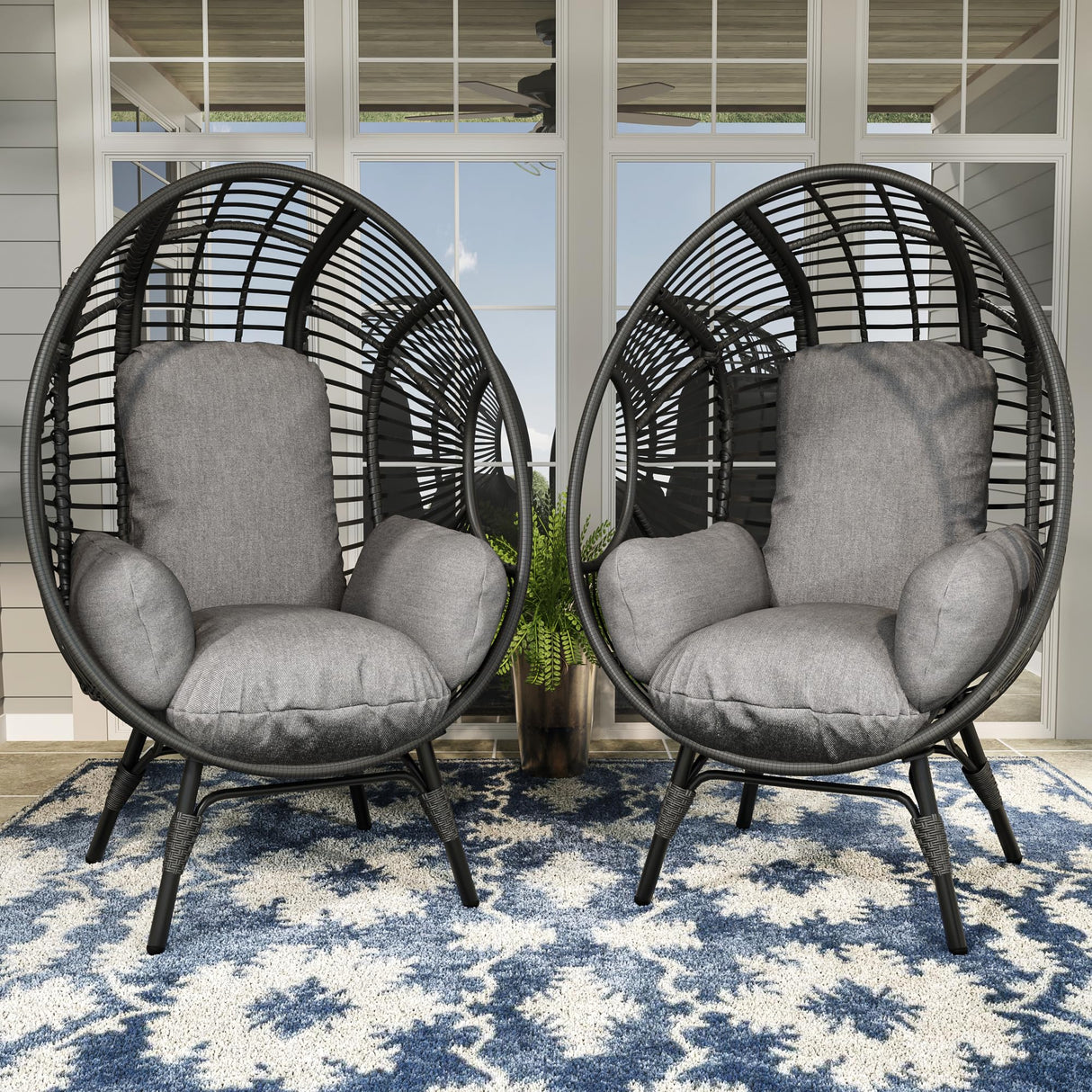 TQKVIPI 2 pcs Oversized Wicker Egg Chair Outdoor Indoor - Rattan Patio Egg Lounge Chairs with Cushion 500lbs Capacity for Living Room, Balcony, Backyard TQKVIPI