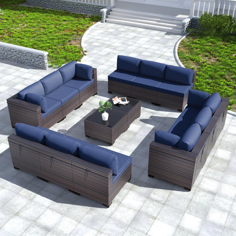 Kullavik 14PCS Outdoor Patio Furniture Set PE Wicker Rattan Sectional Sofa Patio Conversation Sets,Navy blue Kullavik