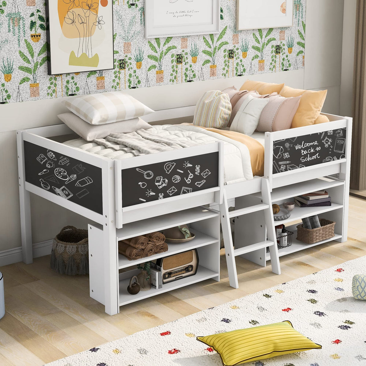 Harper & Bright Designs Kids Low Loft Bed with 2 Movable Storage Shelves, Twin Loft Bed Frame with Chalkboard and Ladder, Multifunctional Loft Bed for Kids Boys&Girls No Box Spring Needed (White) Harper & Bright Designs