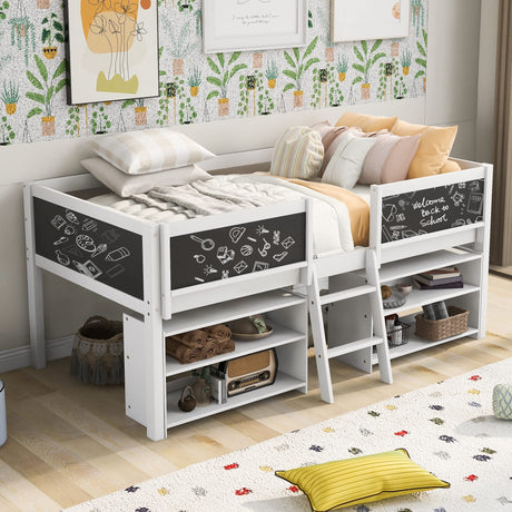 Harper & Bright Designs Kids Low Loft Bed with 2 Movable Storage Shelves, Twin Loft Bed Frame with Chalkboard and Ladder, Multifunctional Loft Bed for Kids Boys&Girls No Box Spring Needed (White) Harper & Bright Designs