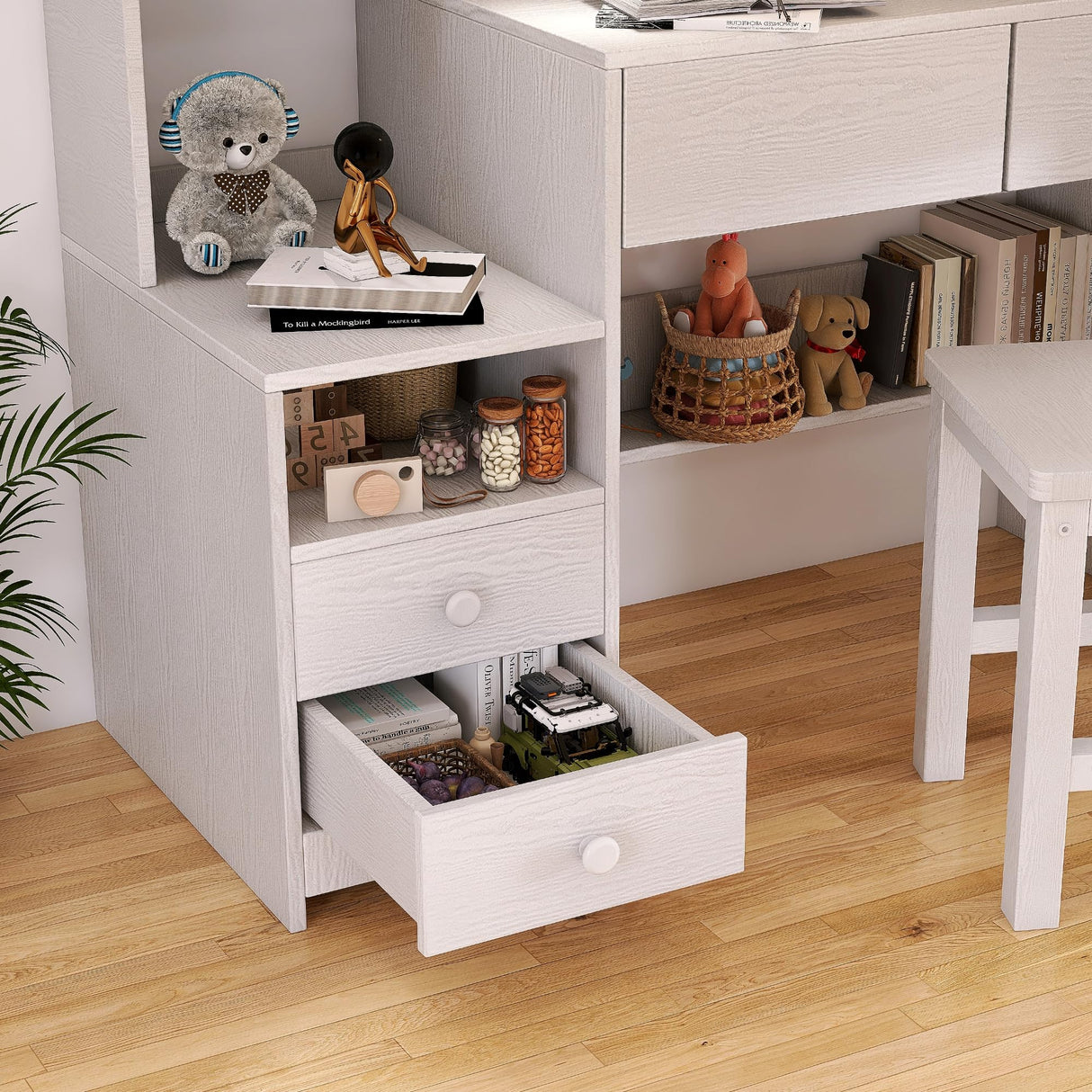 RUPOLX White Kids Desk and Chair Set for 5-12 Year Old, Childrens Computer Desk with 4 Drawers, Kids Study Table with Storage Shelf -Ck5-40 RUPOLX