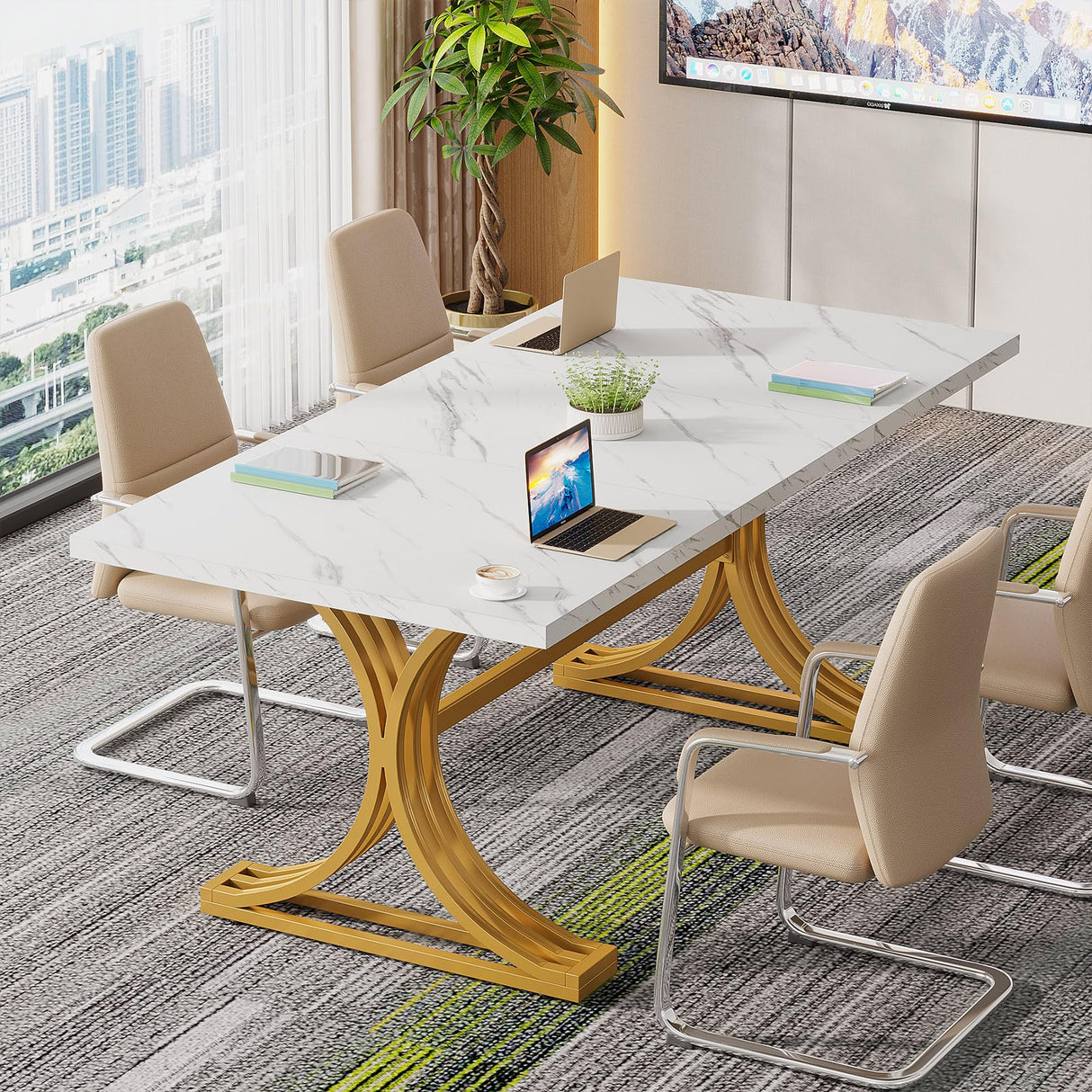 Tribesigns 10.5FT Conference Table, Modern Meeting Table for 8-10 People, Rectangle Seminar Boardroom Table for Office Conference Room with Stylish Legs (2, White + Gold) Tribesigns