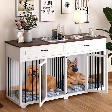 Lovinouse Large Dog Crate Furniture, 72.4" Wooden Dog Crate Kennel with 2 Drawers and Divider, XXL Heavy Duty Dog Crates Cage Furniture for Large Dog or 2 Medium Dogs Indoor, White Lovinouse