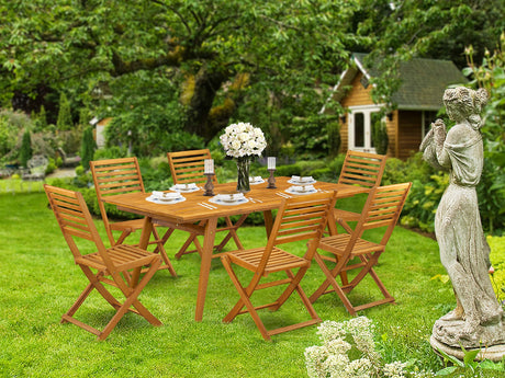 East West Furniture DEBS7CWNA 7-Piece Modern Set-6 Foldable Chairs Ladder Back and Outdoor Coffee Table and Rectangle Top with Wooden 4 Legs-Natural Oil Finish East West Furniture