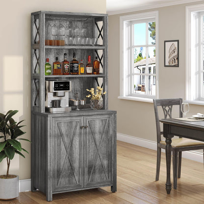 YITAHOME Kitchen Pantry Cabinet Storage Hutch with Microwave Stand Wine Rack, Freestanding Pantry Cabinet with Adjustable Shelves and Cupboard for Home, Dark Grey