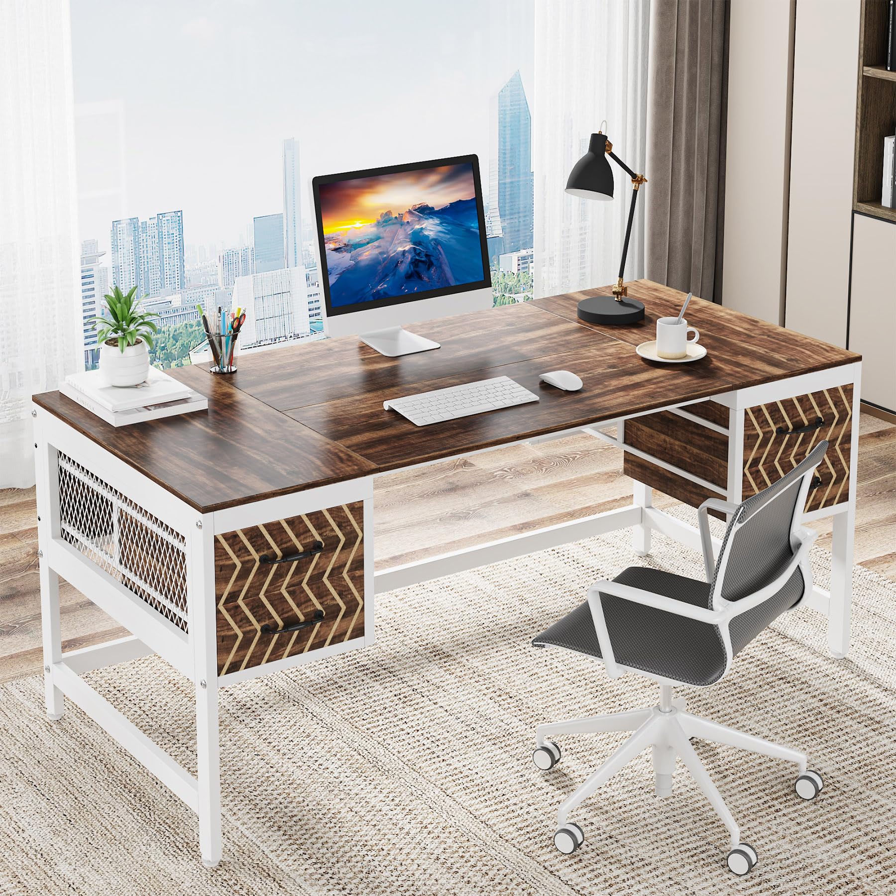 Tribesigns Computer Executive Desk with Drawers: Wood 63" Computer Desk with 4 Storage Drawers, Farmhouse Study Writing Table, Herringbone Business Furniture for Home Office, Brown and White - WoodArtSupply