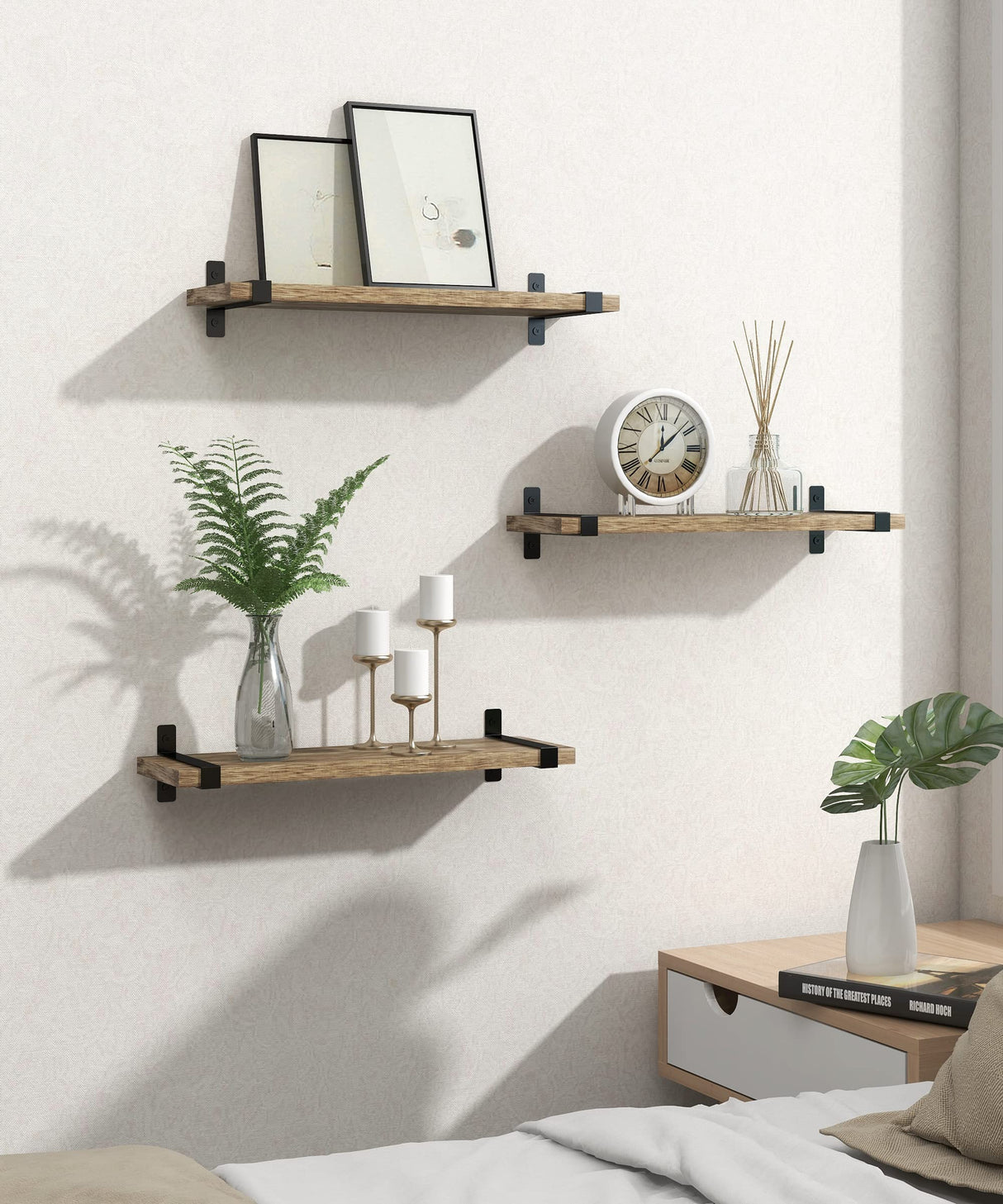 Sapowerntus Wood Floating Shelves Bathroom Wall Mounted, Small Light Rustic Farmhouse Narrow Shelf Storage, Bedroom Living Room Kitchen Office Display Decor with U Metal Brackets Set of 3 Sapowerntus