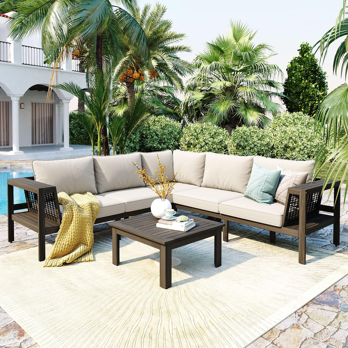 Merax 4 Pieces Patio Furniture Set, Outdoor L-Shaped Sectional Sofa Set with Coffee Table, Acacia Wood Conversation Seating & Thick Cushions and Side Table, for Garden, Poolside and Backyard, Beige Merax