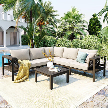 Merax 4 Pieces Patio Furniture Set, Outdoor L-Shaped Sectional Sofa Set with Coffee Table, Acacia Wood Conversation Seating & Thick Cushions and Side Table, for Garden, Poolside and Backyard, Beige Merax