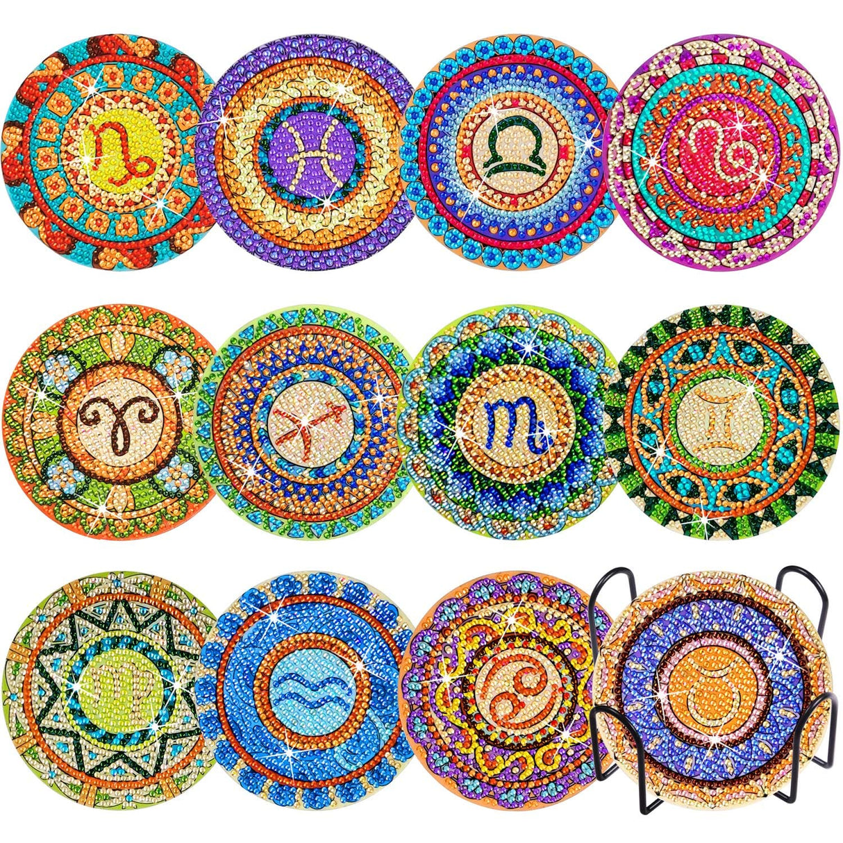 Praise V Do Diamond Painting Coasters Kit with Holder Cork Base, 12Pcs DIY Zodiac Mandela Constellation Coasters Diamond Art Painting Kits for Beginners, Adults DIY Diamond Art Painting Praise V Do