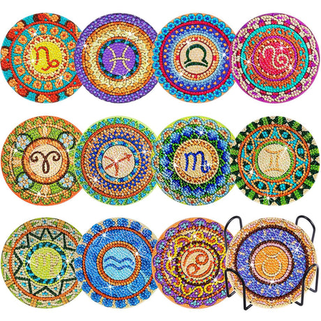 12Pcs Diamond Painting Coasters Kit with Holder Cork Base, DIY Zodiac Constellation Coasters Diamond Painting Kits for Beginners, Adults DIY Diamond Art Painting Craft Supplies Praise V Do