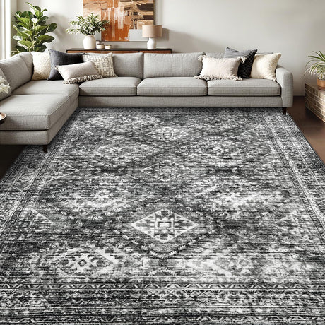MIULEE 8x10 Vintage Washable Area Rugs Living Room Rug Low Pile Boho Farmhouse Floor Mat for Bedroom Dining Room Under Kitchen Table, Non-Slip Stain Resistant Soft Large Carpet for Home Decor, Black MIULEE