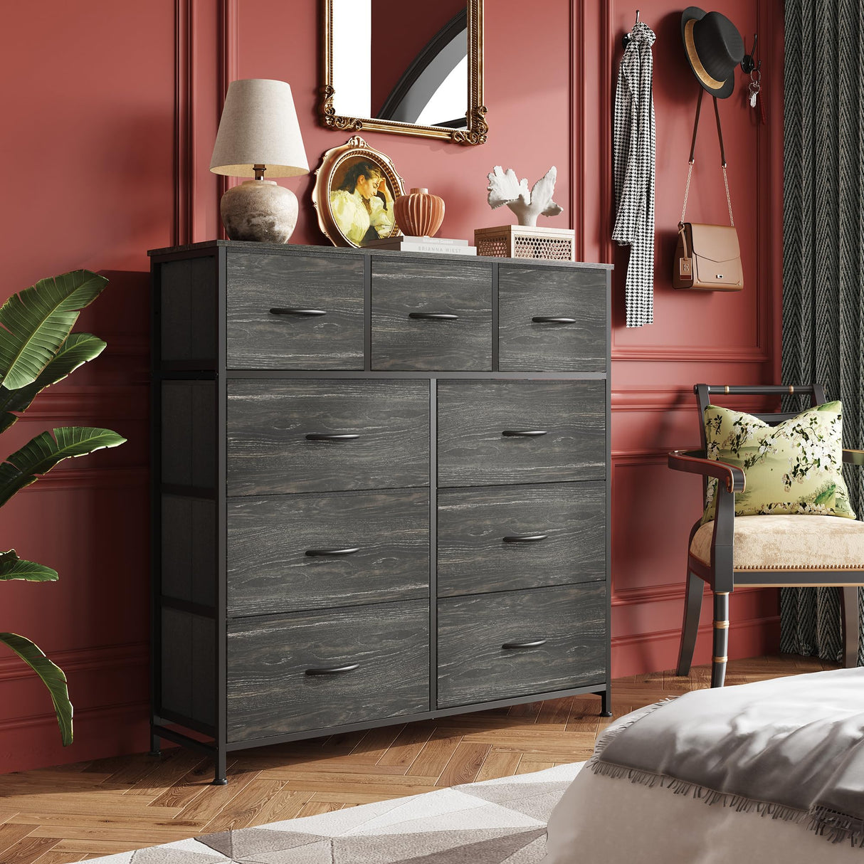 WLIVE 9-Drawer Dresser, Fabric Storage Tower for Bedroom, Entryway, Closet, Tall Chest Organizer Unit with Fabric Bins, Steel Frame, Wood Top, Easy Pull Handle, Charcoal Black Wood Grain Print WLIVE