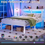 ChicZhiNest Full White Bed Frames with Charging Station and LED Lights, Full Platform Bed with Heavy Duty Metal Slats, Storage Headboard, Under Bed Storage, No Box Spring Needed, Noise Free ChicZhiNest