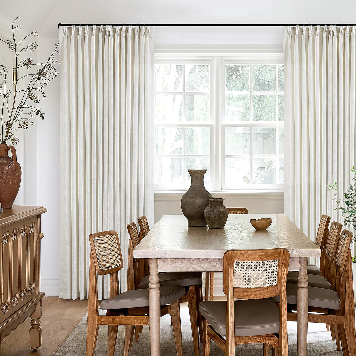 Pinch Pleated Linen Curtains 108 Inches long for Living Room 2 Panels Set Cream Ivory Flax Double Pleated Drapes Back Tab Neutral Boho Ceiling Floor 108 Inch Window Curtains Bedroom Natural Birch TWODRAPES